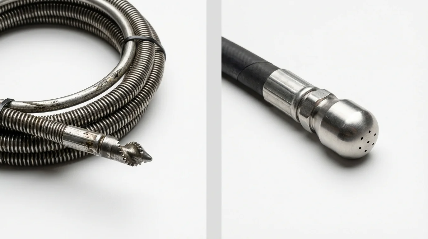 Drain snake cable and hydro jetting nozzle used for drain cleaning in China Grove, NC