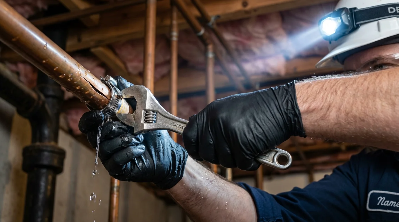 Emergency pipe clamp repair being performed by a Johns Plumbing LLC plumber in China Grove