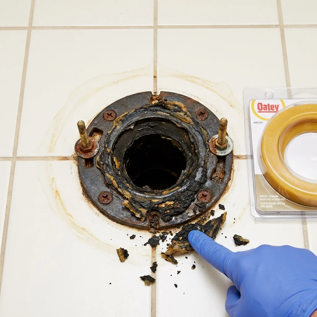 Failed wax ring showing water seepage at the base of a toilet in a China Grove, NC home