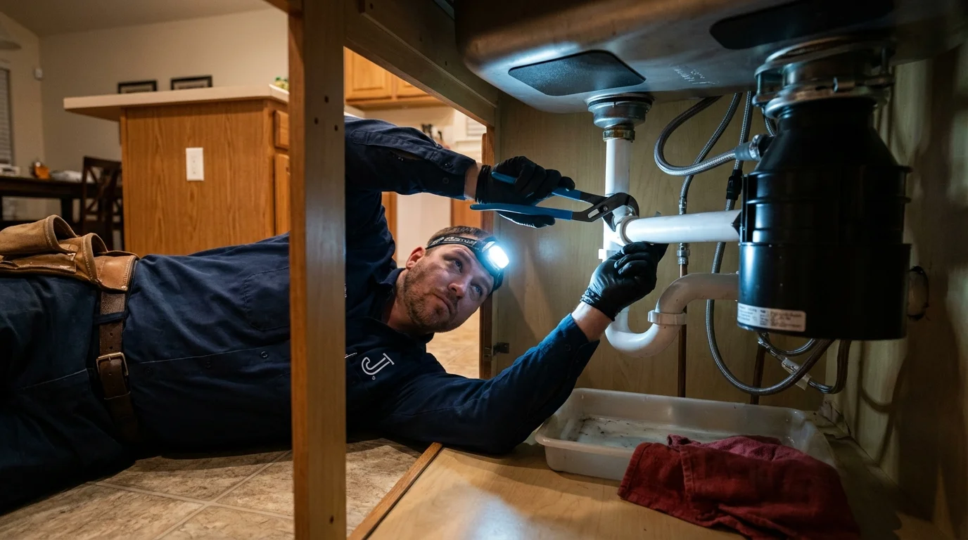 P-trap and supply line connections under a kitchen sink showing a common leak point in China Grove, NC